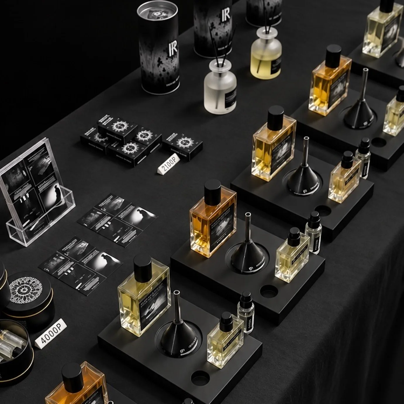 Ряд гипсовых подставок с флаконами и пробниками парфюмерии Perfume Religion